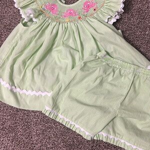 Green Striped Baby Outfit with Pink Embroidery